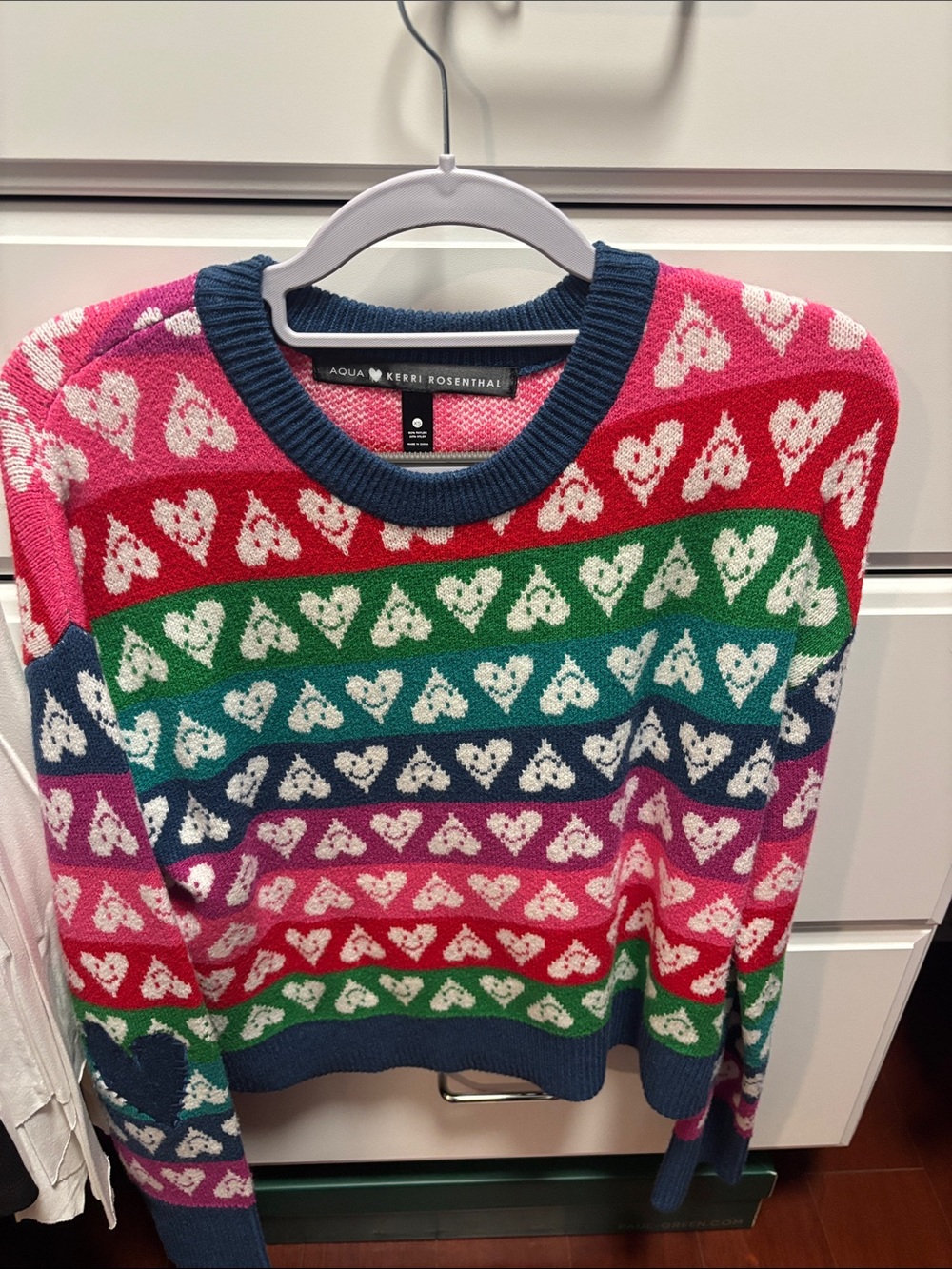 Aqua by Kerri Rosenthal Multicolor Heart-Stripe Crewneck Sweater XS